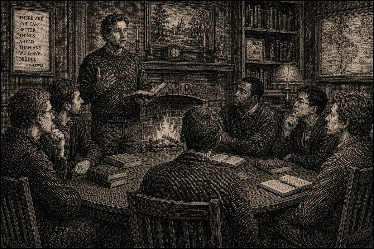 Christian literary fellowship gathering around a table — inspired by C.S. Lewis and the Oxford Inklings